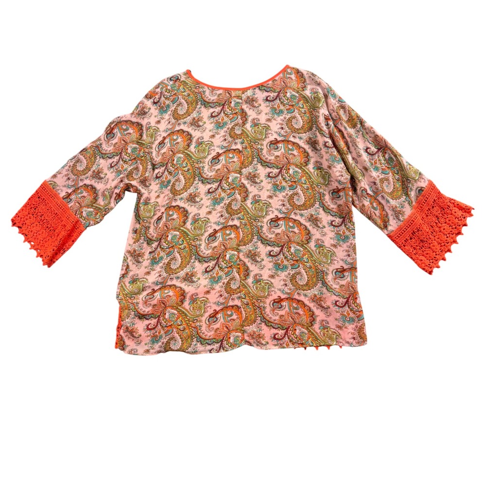 Boho Paisley Crochet Lace Top XL Orange Festival Peasant Blouse Cottagecore - Picture 2 of 8